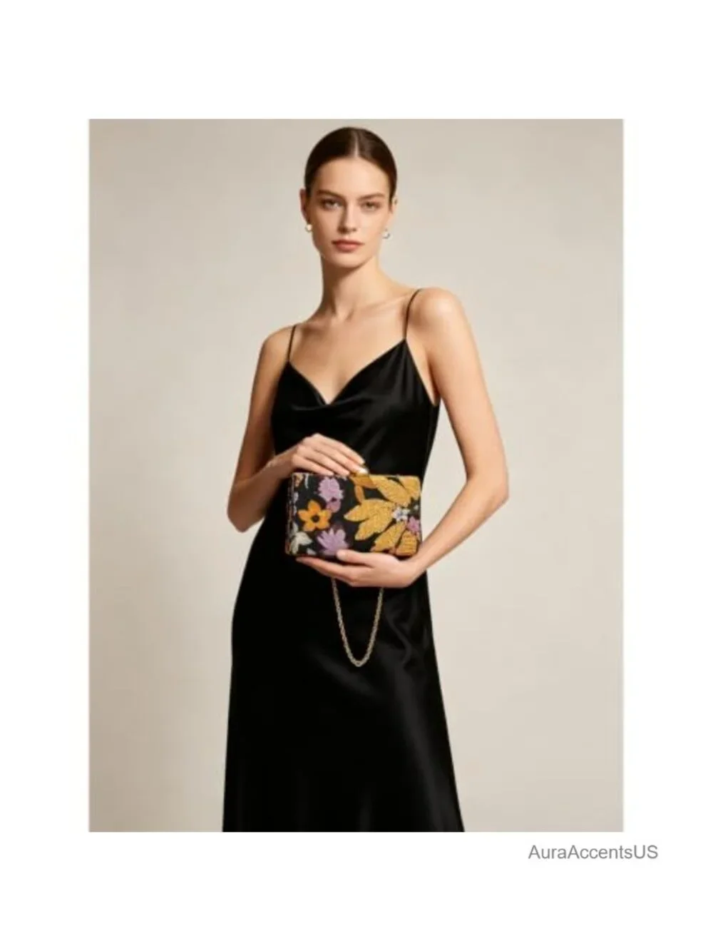 Sequin Floral Evening Clutch Purse with Detachable Chain